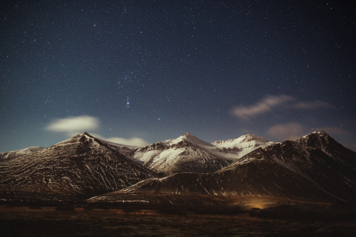 oneshotolive:  Hafnarfjall, Iceland under the moonlight along with the Orion Nebula [5472x3648] [OC] 📷: starari 