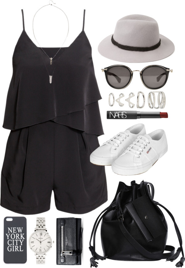 Outfit with a playsuit by ferned featuring a black bag
H M black romper jumpsuit, 50 AUD / Superga canvas sneaker, 90 AUD / Marc Jacobs black leather wallet, 675 AUD / Black bag, 59 AUD / Fossil bracelet, 240 AUD / Crystal jewelry / Forever 21 twist...