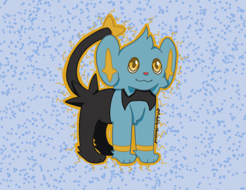 shinx - a small blue lion pokemon with dark-grey and yellow accents - on a blue background with stars and a yellow, sparky outline
