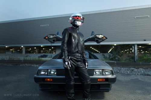 Daft Punk DeLorean Shoot by Harrison KrixVia Flickr :Helmet Created By: volpinprops.netLeather By: g