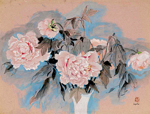 Le Pho (1907-2001) Vase de fleurs gouache, watercolor and black Conté crayon on pink paper 18 7/8 x 