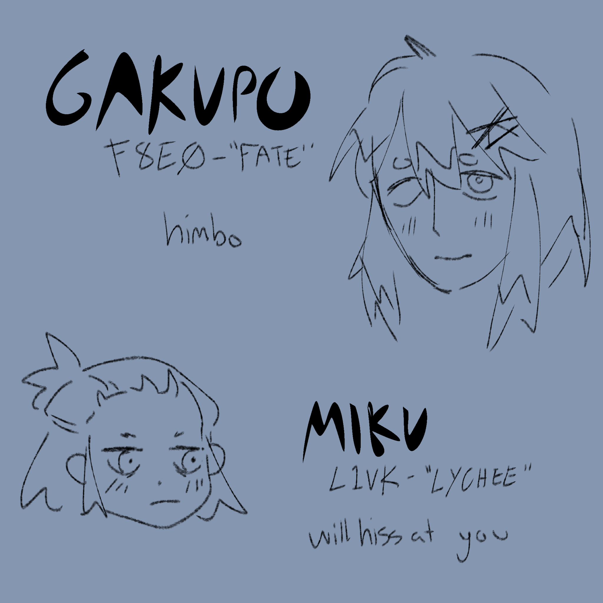 digital drawing of my ocs miku and gakupo. gakupo uses he/him, his code is FE80, and his nickname is fate. miku uses she/her, her code is L1VK, and her nickname is lychee