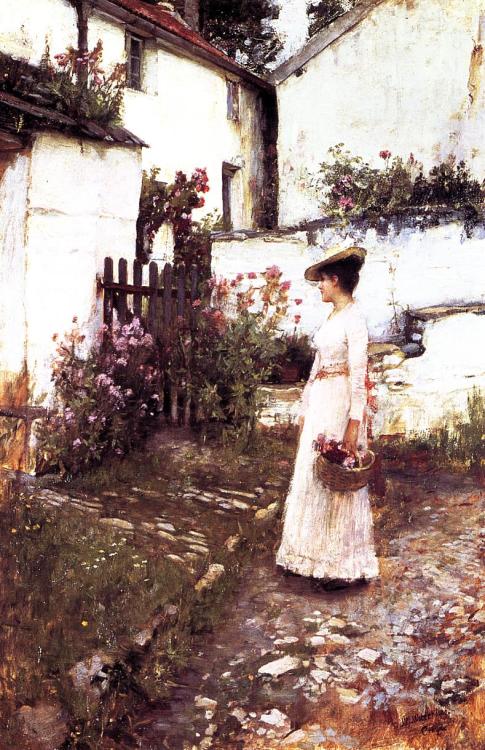 artist-waterhouse: Gathering Summer Flowers in a Devonshire Garden, 1893, John William WaterhouseMed