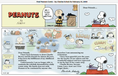 FAREWELL PEANUTSOn Sunday, February 13, 2000, the last original Peanuts comic strip, featured above,