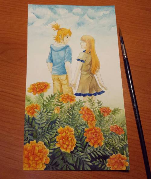 Marigolds♡ #watercolor #painting #drawing #art #刀剣乱舞 #乱籐四郎 #浦島虎徹 #toukenranbu #midare #urashima