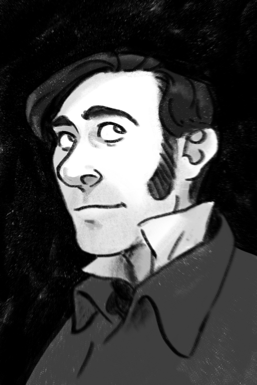 [Image description: Digital art. Very sketchy black-and-white portraits of Jopson, Bridgens, Hodgson