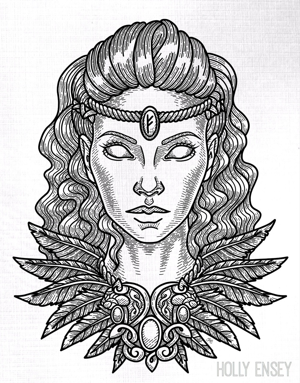 Vikingnorse Goddess Freya Line Art Illustration Black Ivy Witch