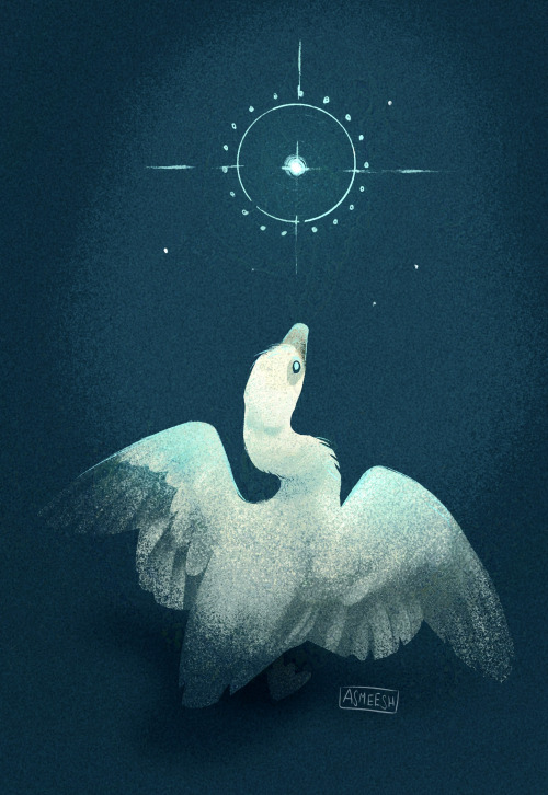 digital art of a white goose, facing away from the viewer, looking up with wings spread. Above it floats a shinning star. The image is rendered in blues and whites, with the light source coming from the star above.