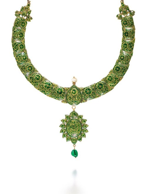 hinducosmos:A Carved Emerald And Diamond-set Necklace With Green EnamelCirca 1900, North India, 21cm