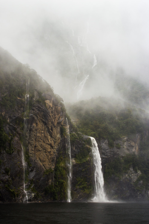 Waterfalls coming out of the mist at Milford Sound.Milford Sound, Fiordland, South Island, New Zeala