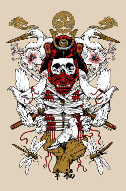 xombiedirge:  Bastard Samurai by David Paul Seymour / Store 12.5” X 19” 4 color screen print, S/N edition of 40. Available to pre-order 9am CST Saturday, August 16th, 2014, HERE. All profits from the sale will be donated to the Brain &amp; Behaviour