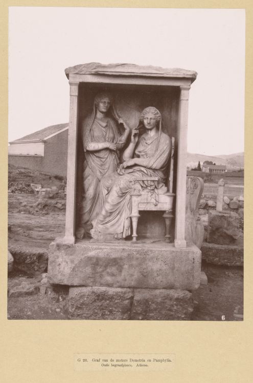 antiquitystuff:This is a photograph,probably taken between 1895 and 1915 showing the grave relief of the twosisters Deme