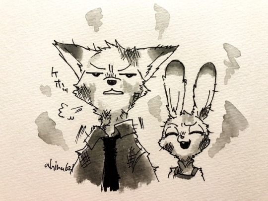 translationbear:  ahiru621:  inktober 0-5day  ゲホッNick: *cough*ズルいうさぎ？Nick: “Sly bunny?”まぬけなキツネJudy: “Dumb fox”うん　元気元気Nick: “Yep, you’re fine, you’re fine”Context from the tweet that pic is