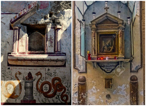 ancientcharm:Lararium of Pompeii, and Street shrine of Naples. The Ancient Rome legacy.Notice: I mad