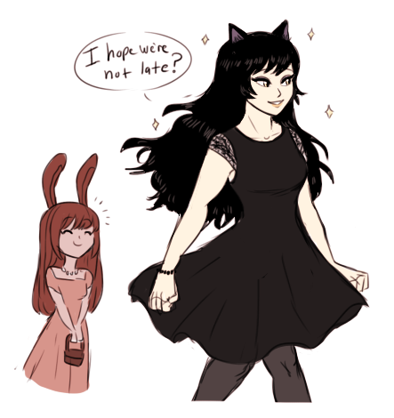 am!au moment when blake and friend velvet are invited to mr. schnee’s garden party and velvet offers to help dress blake for the event (bc she kno blake is trying to impress weissu) and blake is like “ok sure” and puts her in a dress