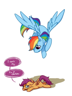 umbramist:  coolmyassholeburnsthings:  ebtdeponis:  My Little Scootaloo by norang94  ;.;  what if shes a chicken in the sense that shes a chicken because shes scared of flying   Aww, Scooty&hellip;! ;w; Dashie&rsquo;s there for ya sweetie. 