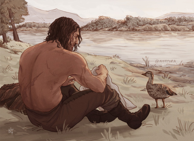 Digital illustration of Eskel from the Witcher books. Sitting on the ground by a lake, he is topless and wearing his pants and boots. Putting on his clothes and grasping his shirt in one hand, he has paused to look at an approaching duck.