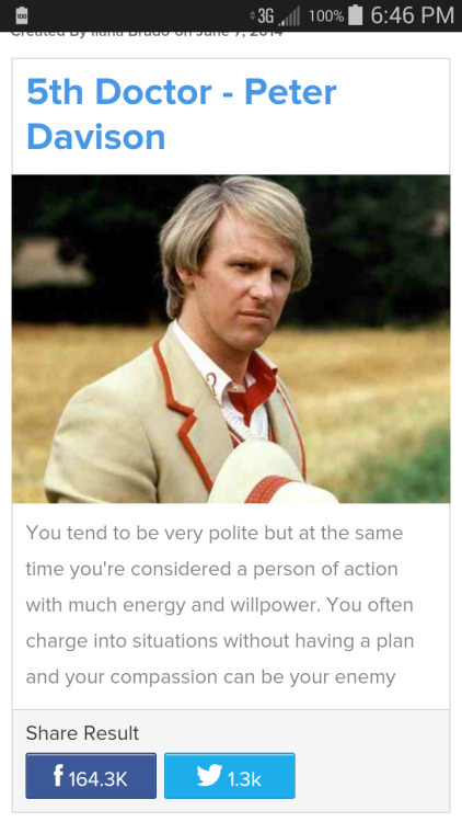 Took a “Which Doctor Are You?” quiz, came up with the Fifth. Who knew?