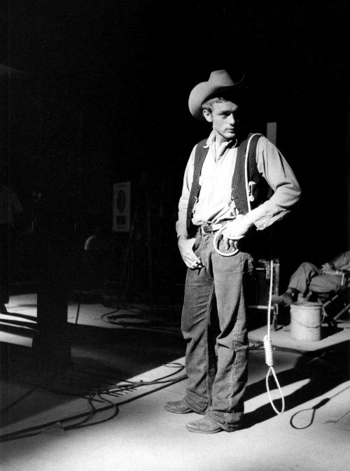 wehadfacesthen:James Dean during the filming of Giant, 1955