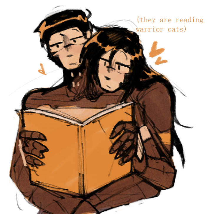 adler reading a book and falke looking over his shoulder, a caption in the far right corner says: they are reading warrior cats. in parenthesies