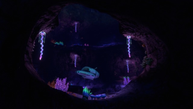 An image of a dark underwater cave with beautiful bioluminescent plants, and a small explorative submersible hovering in the middle