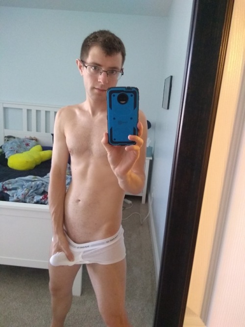 bikinithonglover:  Getting awfully close to 1000 followers. Not sure if these tightie-whities can contain my cock much longer…   If you want to buy a pair of my briefs, I sell for ů, shipping to included.