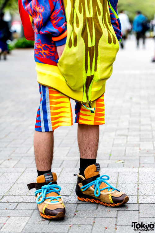 tokyo-fashion:  18-year-old Japanese fashion student Towy outside of Bunka Fashion College in Tokyo wearing colorful fashion by Bernhard Willhelm, Bernhard Willhelm sneakers, and a red Ferrari backpack. Full Look