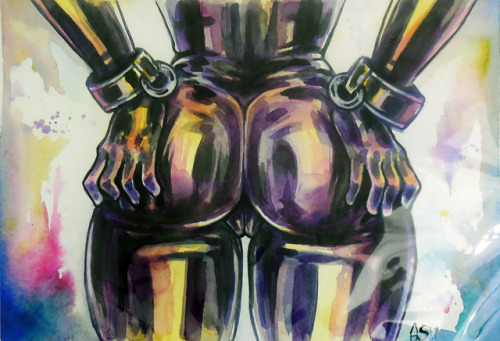 audiovideomeow: shiny latex booty i took a better photo of this one. i’m pretty happy with it ;0 if anyone is interested in purchasing the original please check out my etsy store! i have stickers and my original paints! (i don’t have prints yet sadly)