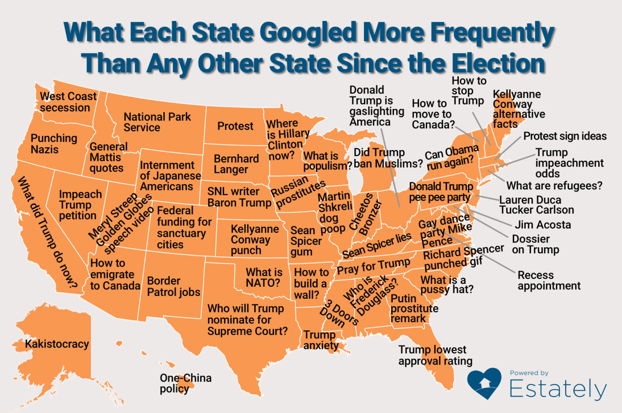 mapsontheweb:
“What Each US State Googled More Frequently Than Any Other State Since the Election (x)
”