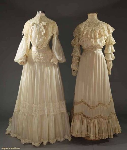 Two Edwardian silk wedding or garden party dresses, 1905-1910. Augusta Auction