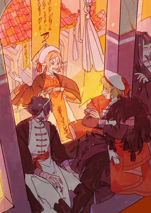 Pieces I did for the Yulma zine : Mayosoba (cover + AU)piece for the DGMxDnD zine Grimmhehe I’m quit