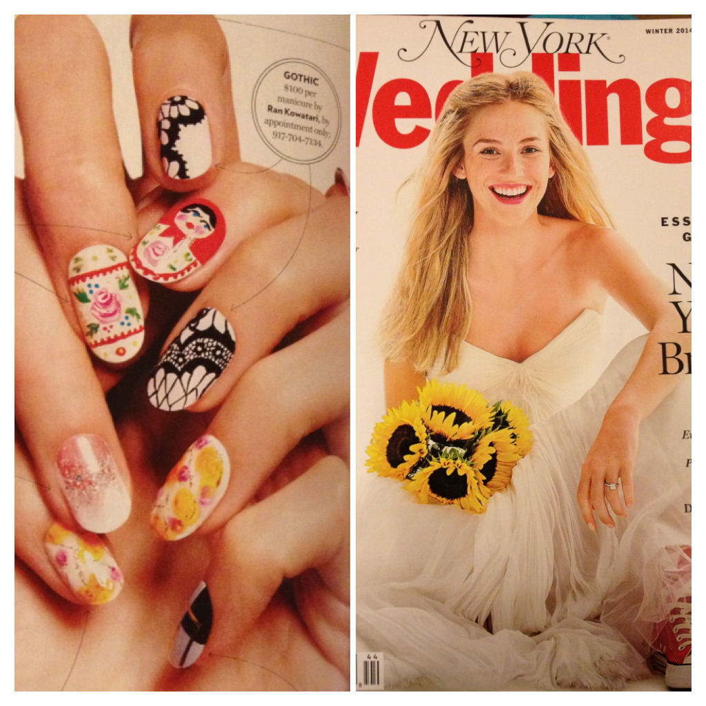 A few of my bridal nail looks (gothic lace and yellow floral) featured in the Winter edition of New York Magazine Weddings