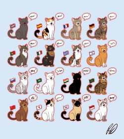 dailyriana:  Throwback Thursday! (Sort of!) I made this illustration a little more than 2 years ago featuring how cats meow in different languages! If memory serves, I think the Portuguese cat is inaccurate. Just something fun! 