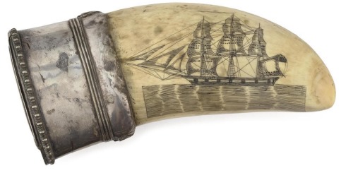 ltwilliammowett:Scrimshaw whale tooth snuff box, mid-19th Century       Base mounted to a silvered 