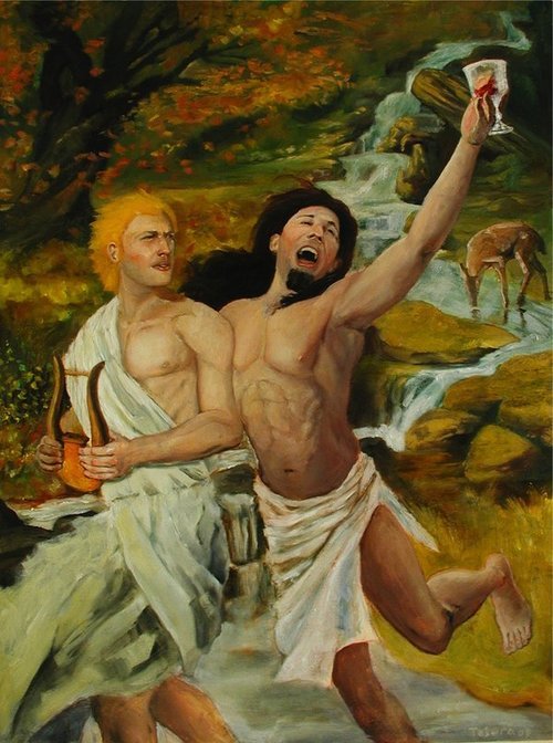 frankincennamon:  egobus:  dionysus and apollo have quickly become two of my favourite greek gods  so I looked them up and I found my new favourite picture   look at their faces  look at how fucking drunk dionysus is  look at apollo  look at his