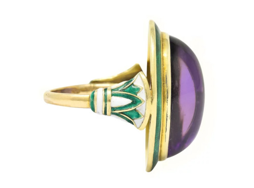 Antique 18k Yellow Gold Egyptian Revival Amethyst and Enamel Ring