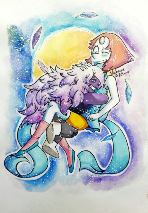 vishnya-azraq: Comission asked by @blue-at-heart o/ I’ve rarely drawn Amethyst or Pearl even tho I like them and ship them (Yes I ship Pearlmethyst, now you know) Also I hope you like sparkles and stars because two white poscas died for this drawing