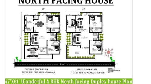 47’X61′ Wonderful 4bhk North facing Duplex house Plan drawing details are given in this 