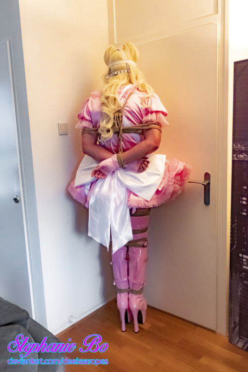 Pink Sissymaid Stephanie Bo standing in the Corner, Bound and Gagged.Not going anywhere.