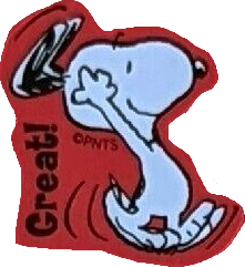 sticker of snoopy from peanuts. he is running with his arms up in the air. the sticker has a red trim and reads 'great!'