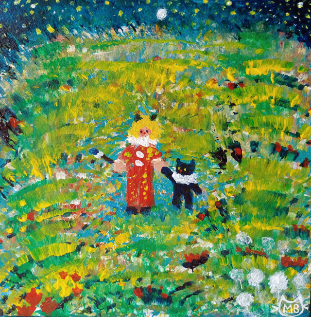 a square acrylic painting of a clown girl and black clown cat holding hands in a flower field under the moon and stars, they are at the center of the painting and look tiny. The girl has light skin and yellow hair and is holding a paintbrush in her other hand.