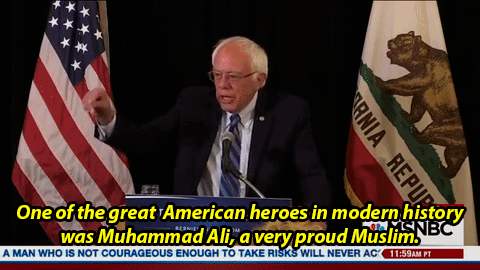 destinyrush:  Bernie Sanders: “You can’t praise Ali and disparage Muslims.” Saturday, June 4, Democratic presidential candidate Bernie Sanders said that we, people mourning Muhammad Ali, must remember the legendary boxer’s faith.During a press