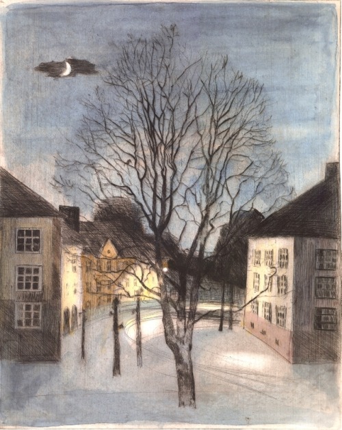 huariqueje:Night at Torshov   -    Nina DueNorwegian, b.1948-Drypoint, 39,5 x 49 cm.