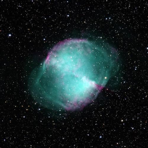 M27 a.k.a. the Dumbbell Nebula is a planetary nebula located about 400 pc (1,400 light-years) away. 