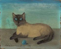 huariqueje:    Untitled (Cat    -     Gertrude Abercrombie    , 1956     American, 1909-1977  Oil on board, 10.8 x 13.34 cm. (4.3 x 5.3 in.)  