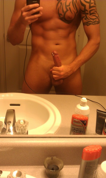 thestraightguyspy:  Hot as hell tatted straight guy from Texas with a pierced cock shows off his sexy body.  He sent a HOT cum vid too if anyone is interested.