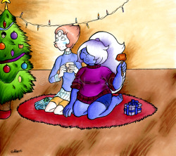 ohmyfemale:  Pearlmethystbomb 2: 13th day - “Seasonal Love”   I had a lot of fun drawing this one..! I love sweaters. You can clearly see which one of the presents is wrapped by Ame and which one is wrapped by Pearl. That Steven ornament in the Christmas