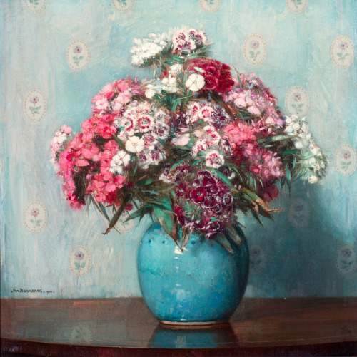 Sweet William in green vase   -    Jan Bogaerts.1918Dutch, 1898-1962Oil on canvas, 48 x 48 cm. 