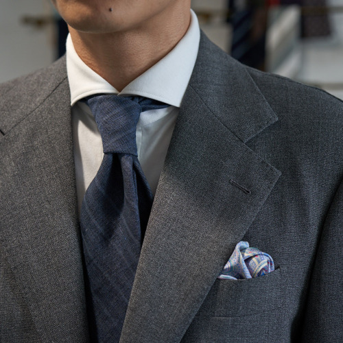 Worn: Ormezzano Blue Muted Stripes from our Archives collection, made in our lightly lined, six-fold