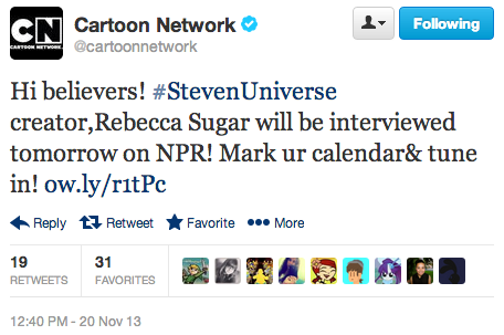 Rebecca Sugar, creator of Steven Universe, will appear on tomorrow’s episode of On Point with Tom Ashbrook.  Check your local NPR station for airtimes! But if you can’t listen live don’t worry– the whole podcast will be available